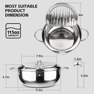 Japanese Tempura Deep Fryer Pot with Thermometer & Oil Drip Rack – 304 Stainless Steel Fryer for Induction, Gas & Electric Stovetops